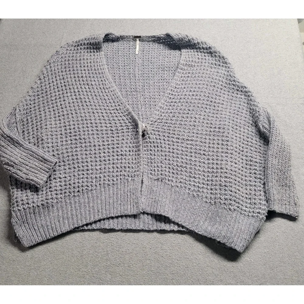 Free People Cocoon Cardigan Sweater Blue Waffle‎ Knit Wool Angora Blend Small